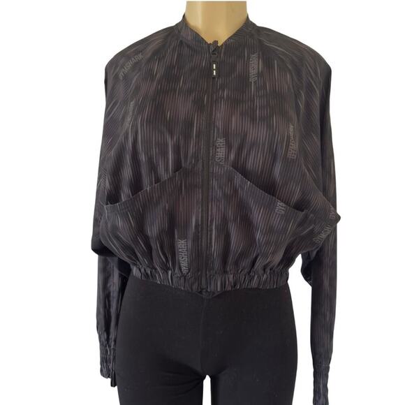Gym Shark Jacket Women's Small Black Cropped Full Zip Mesh Sides Logo Print - Picture 1 of 7